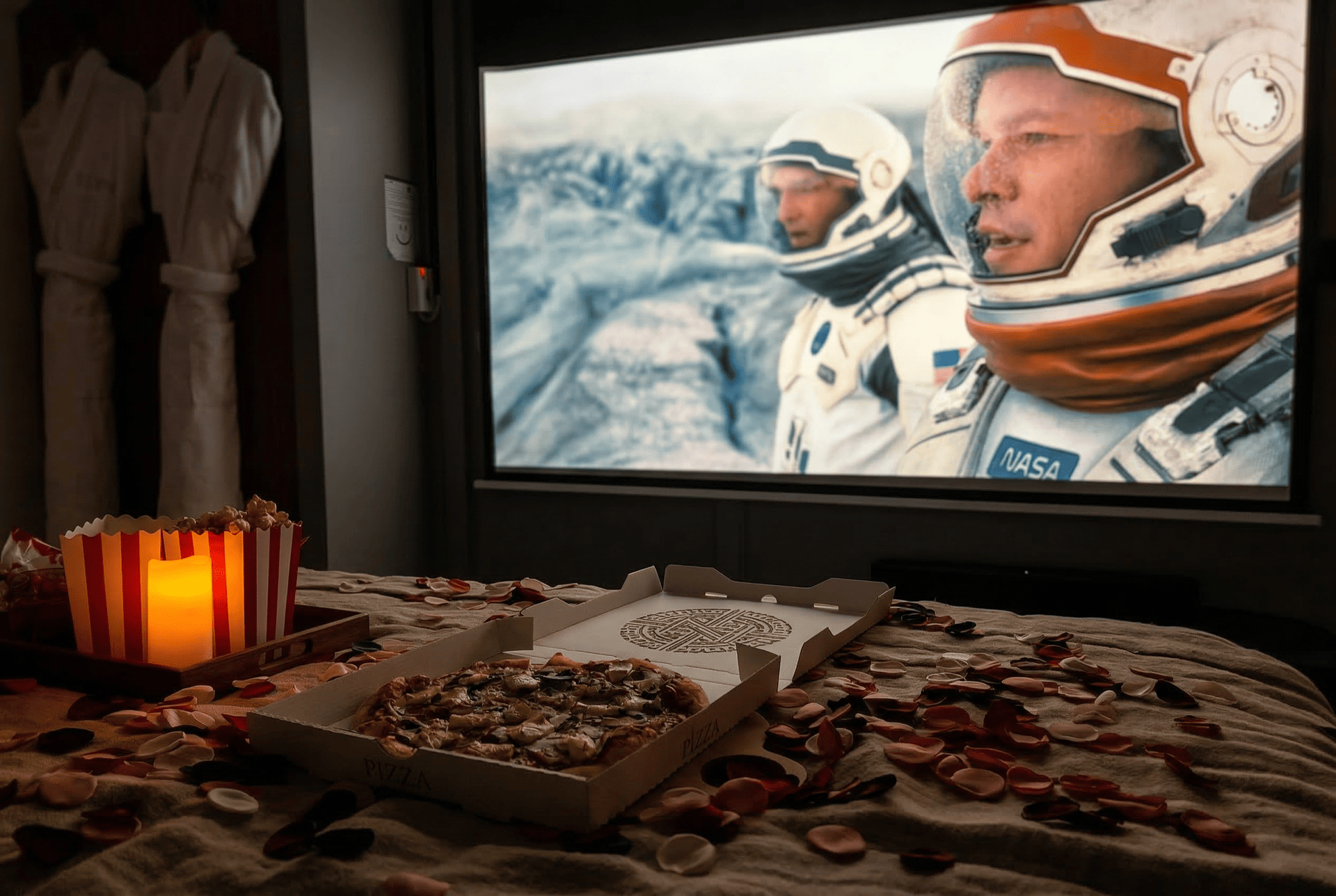 Pizza, popcorn et pétales devant l'écran de cinéma