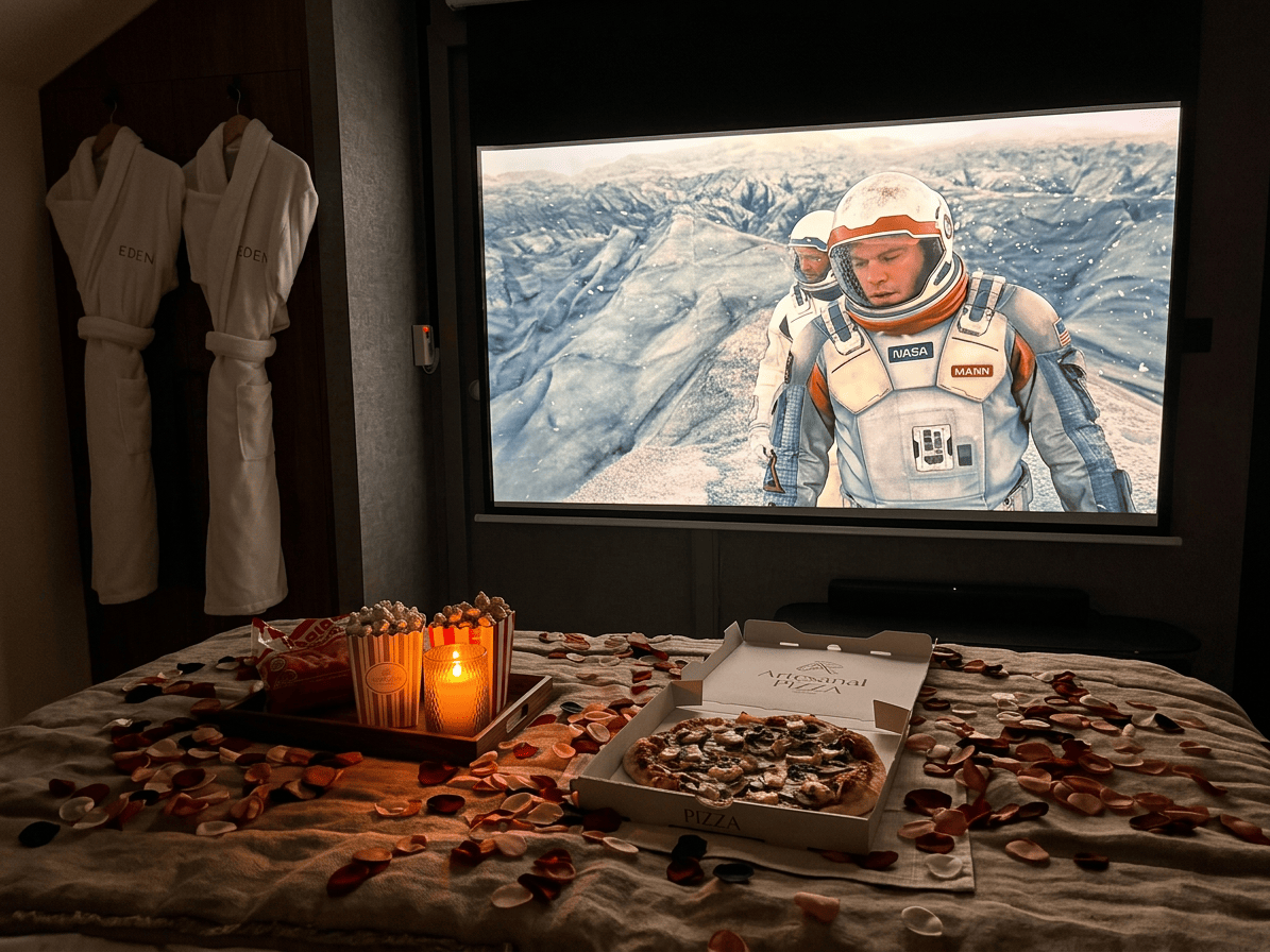 Séance de cinéma privée : écran, popcorn, pizza et pétales sur le lit