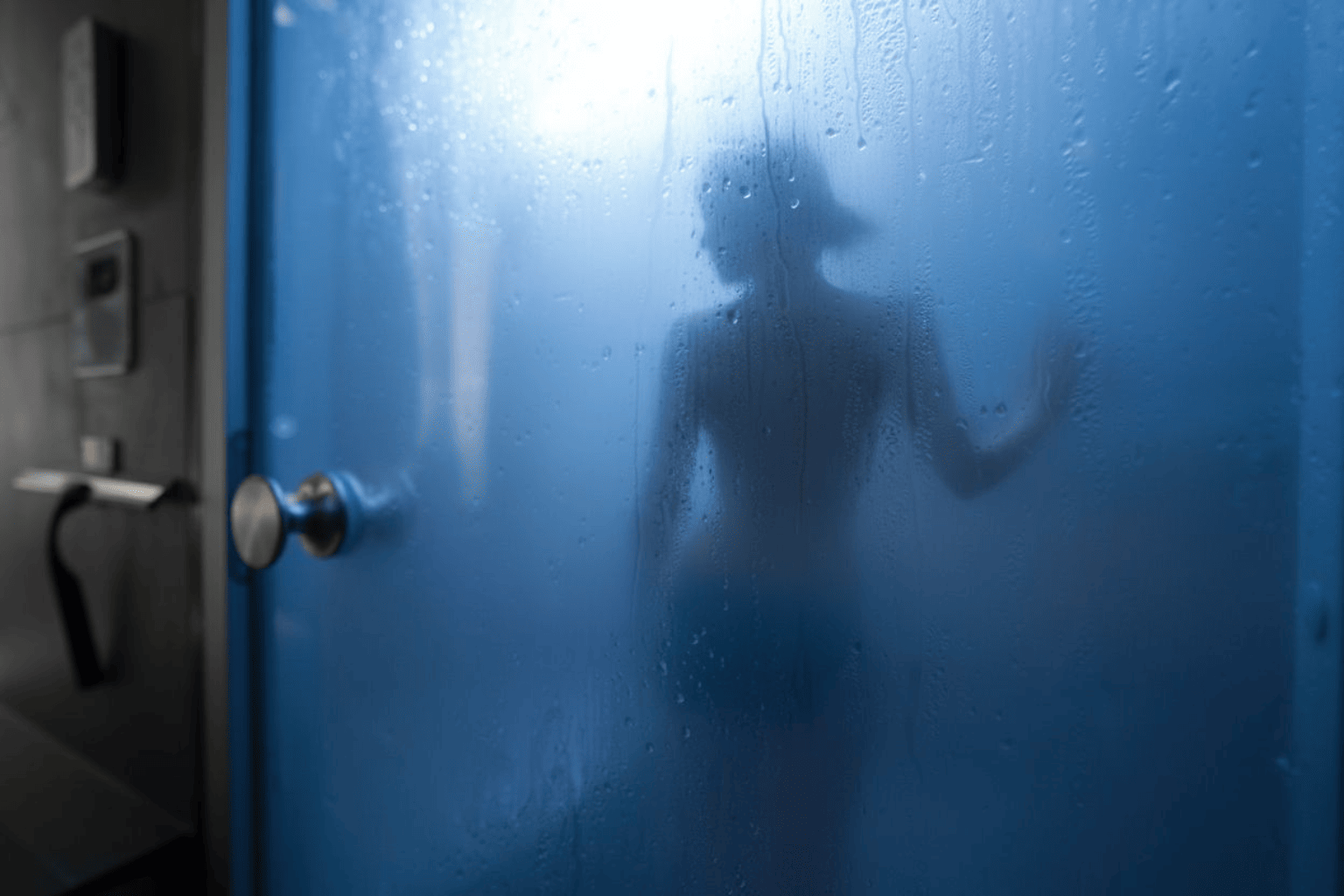Silhouette derrière la vitre embuée du hammam
