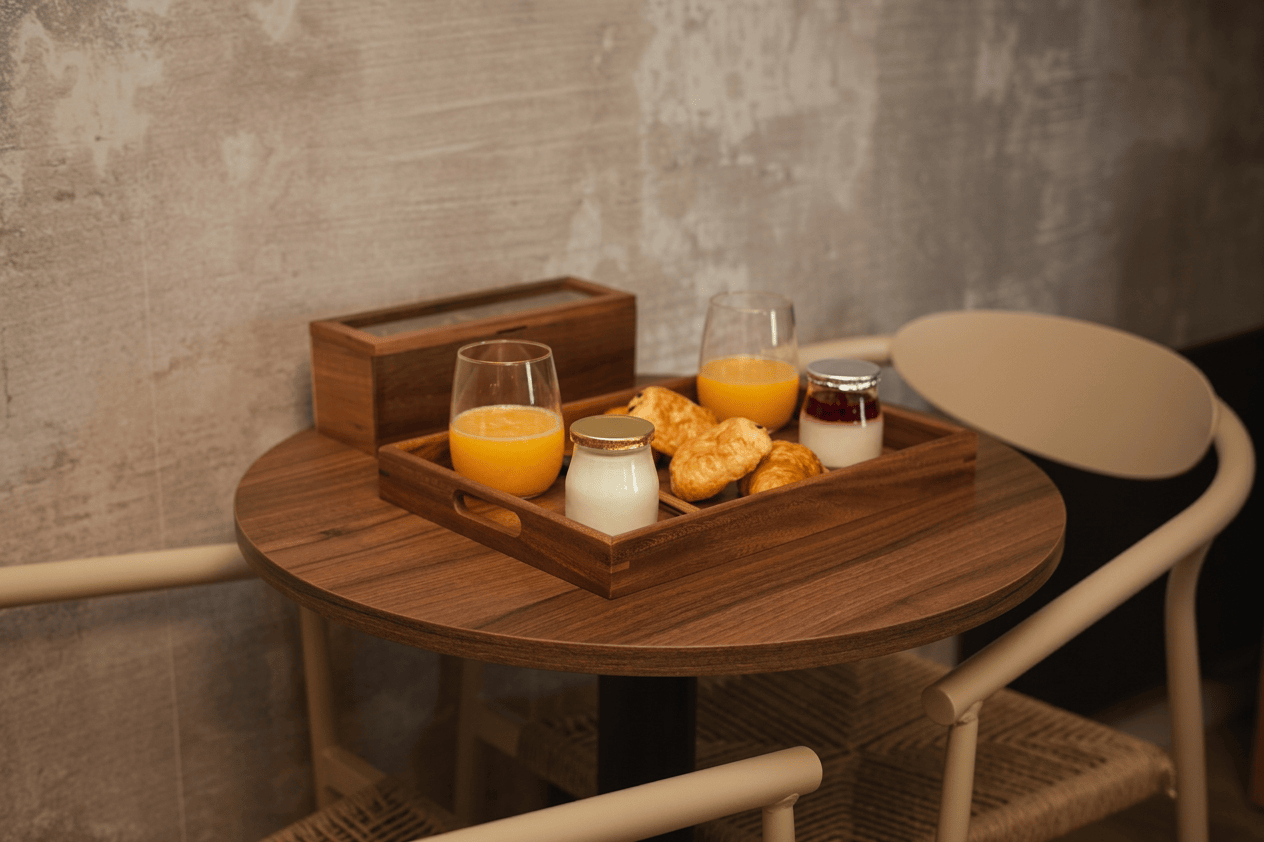 Plateau de petit déjeuner : croissants, jus d'orange, yaourts