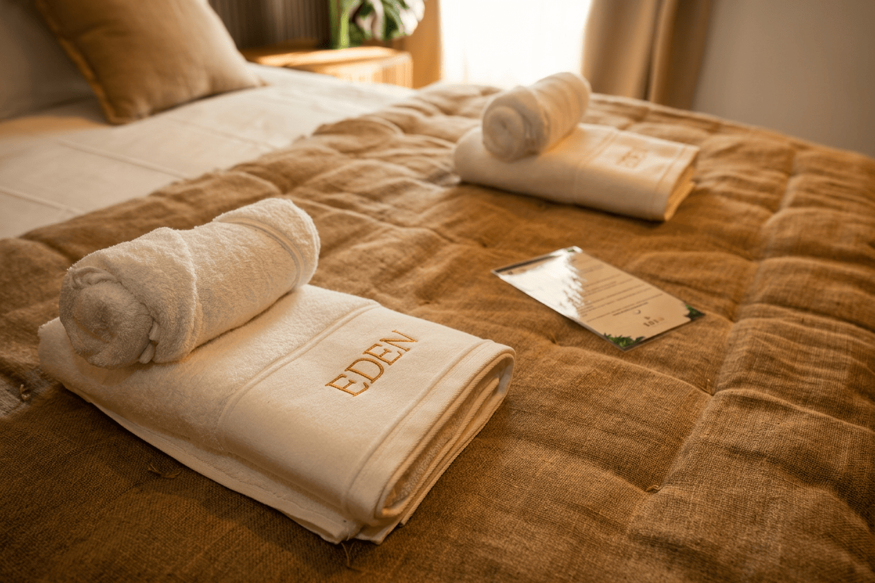 Serviettes brodées Eden sur le lit